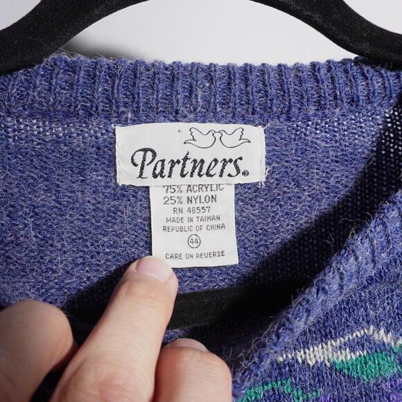 VTG Granny Cottage Core Sweater Periwinkle Blue Pink Gma XL PARTNERS Retro - Picture 2 of 5